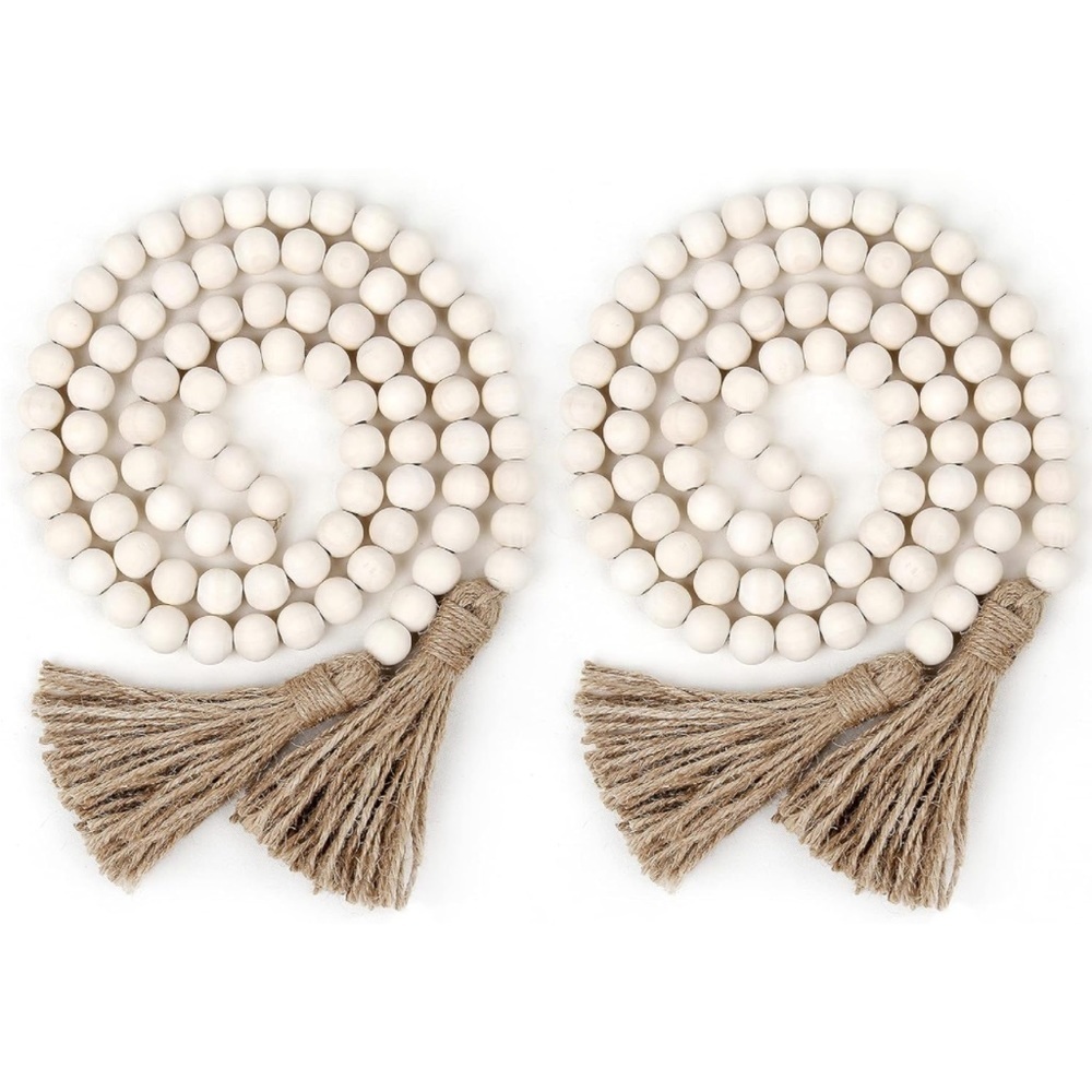 Rustic Boho Farmhouse Cream Wood Beads Tie Tassel Garland Home Table DiningDecor